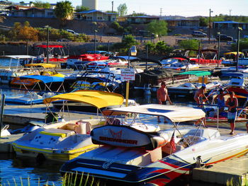 High angle view of boats moored at harbor