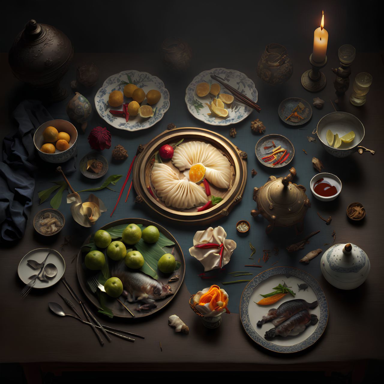 food and drink, food, healthy eating, fruit, wellbeing, freshness, high angle view, painting, no people, plate, still life photography, table, bowl, large group of objects, indoors, directly above, abundance, still life, variation, vegetable, meal, citrus fruit, drink, dark
