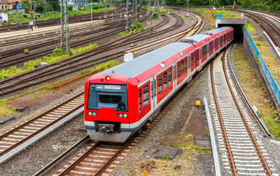 High angle view of train on railroad station platform