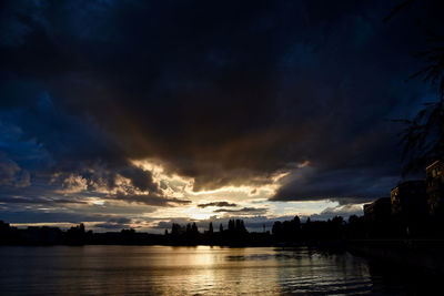 Scenic view of river against sky at sunset