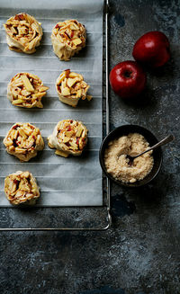 High angle view of apples on table