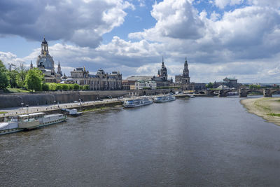 River in city against cloudy sky