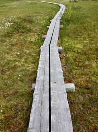 High angle view of empty bench on field