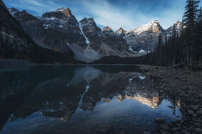 Scenic view of snowcapped mountains against sky during sunset