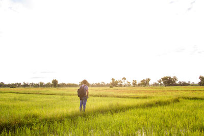 Rear view of man standing on field against clear sky