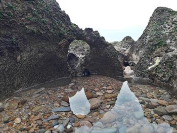 Rocks in water against sky