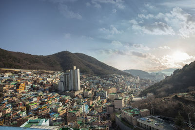High angle view of buildings in city