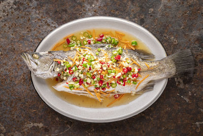 High angle view of food in bowl on table