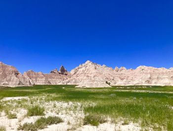 Scenic view of field against clear blue sky