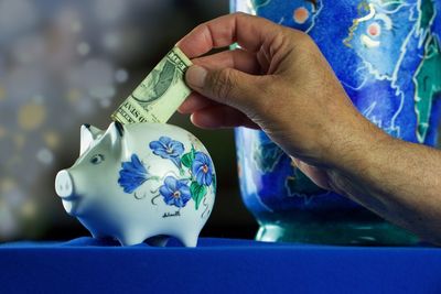 Cropped hand inserting paper currency in piggy bank