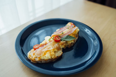 High angle view of food in plate on table