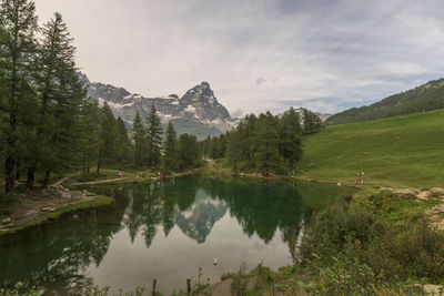 Scenic view of lake by trees against sky