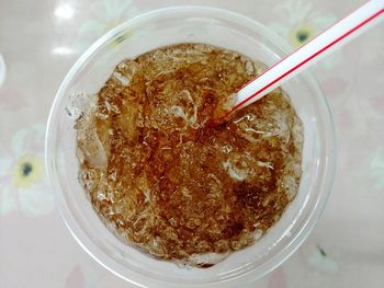 High angle view of drink in bowl on table