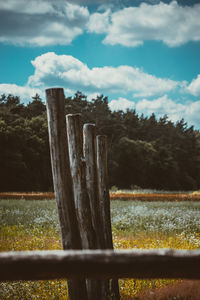 Wooden fence on field by trees against sky