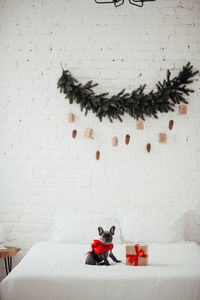 High angle view of christmas decorations on bed