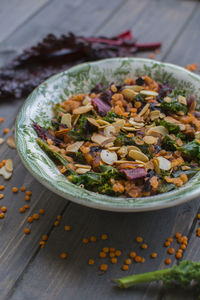 High angle view of vegetables in bowl on table