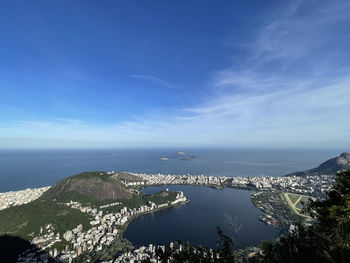 High angle view of bay against blue sky