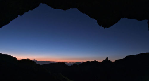 Scenic view of silhouette mountains against clear sky at sunset