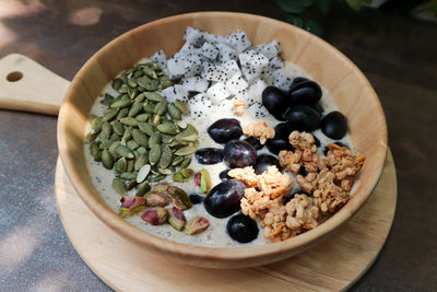 High angle view of breakfast in bowl on table