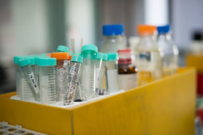 Close-up of text tubes in box at laboratory