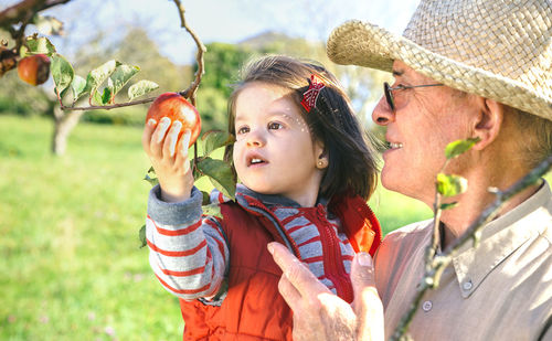 Granddaughter with grandfather holding apple on field
