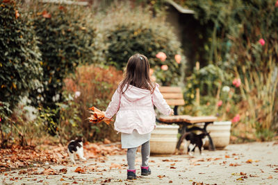 Young girl play and run with cats outdoors after the covid-19 quarantine ended