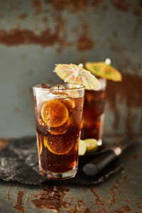 Close-up of beer glass on table