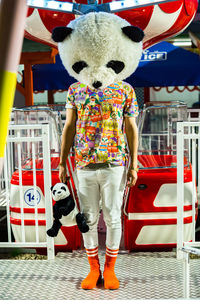 Portrait of cute boy standing at amusement park
