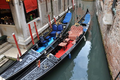 High angle view of boats moored in canal