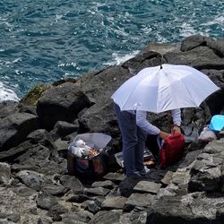 High angle view of woman sitting on shore