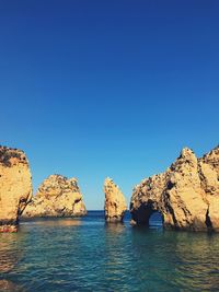 Rocks in sea against clear blue sky