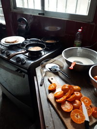 High angle view of breakfast on table at home