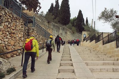 Rear view of people walking on staircase