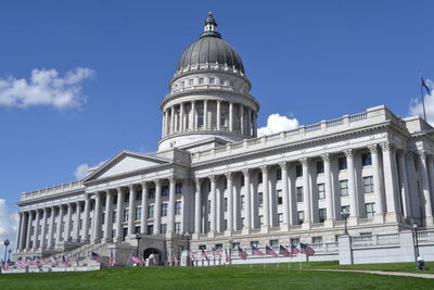 Low angle view of building against blue sky