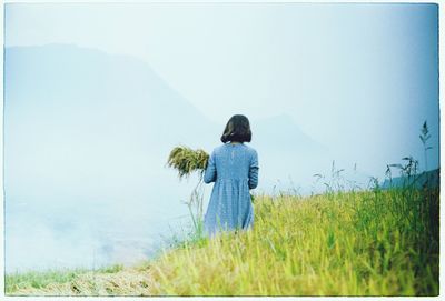 Rear view of woman by grassy field during foggy weather