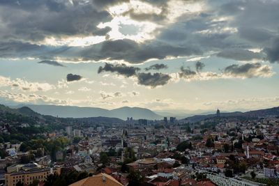 High angle shot of townscape against sky