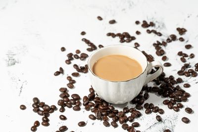 High angle view of coffee cup on table