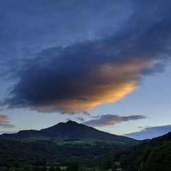 Scenic view of mountains against sky during sunset