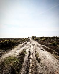 Dirt road passing through landscape against sky