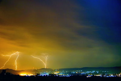 Panoramic shot of illuminated cityscape against dramatic sky