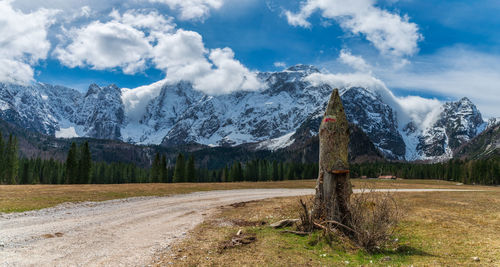 Scenic view of a path in the valromana valley,  forests and the mountain mangart 