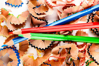 High angle view of multi colored pencils on table