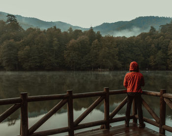 Rear view of woman looking at lake against mountain