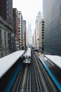 Railroad tracks amidst buildings in city against sky