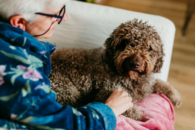 High angle view of senior woman with dog on sofa at home