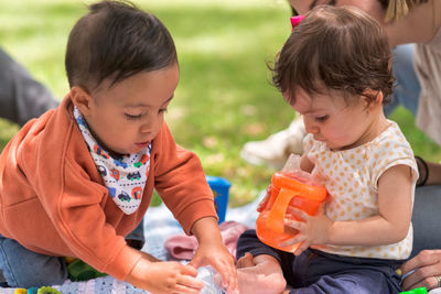 Cute little girl and boy playing with feeding bottle with water while sitting on plaid in park