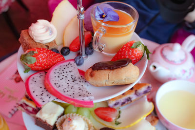 High angle view of breakfast on table