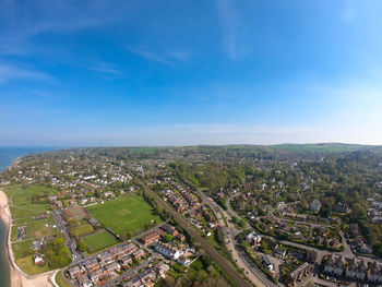 High angle view of buildings in city against sky