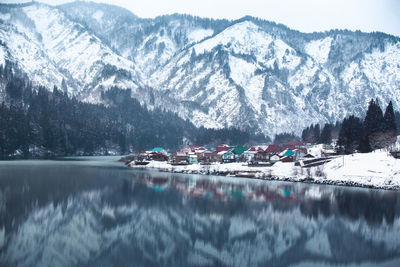 Scenic view of lake and snowcapped mountains