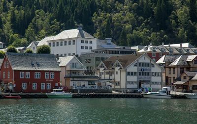 Houses by sea against mountain